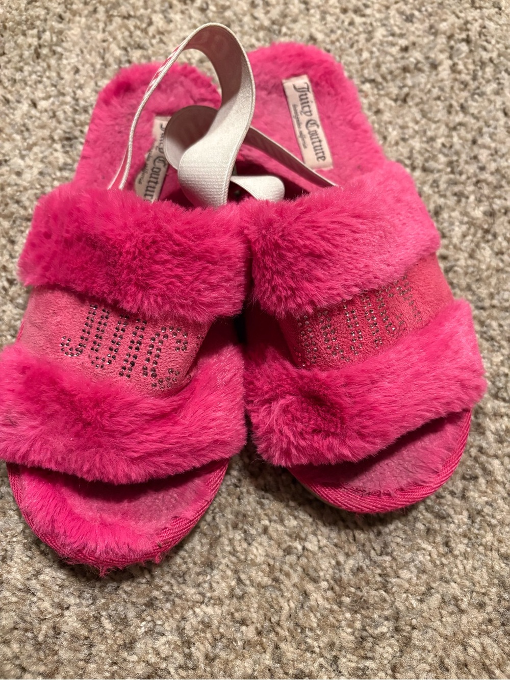 Juicy Couture Kids Hot Pink Fuzzy Slide Sandals with Rhinestone Logo